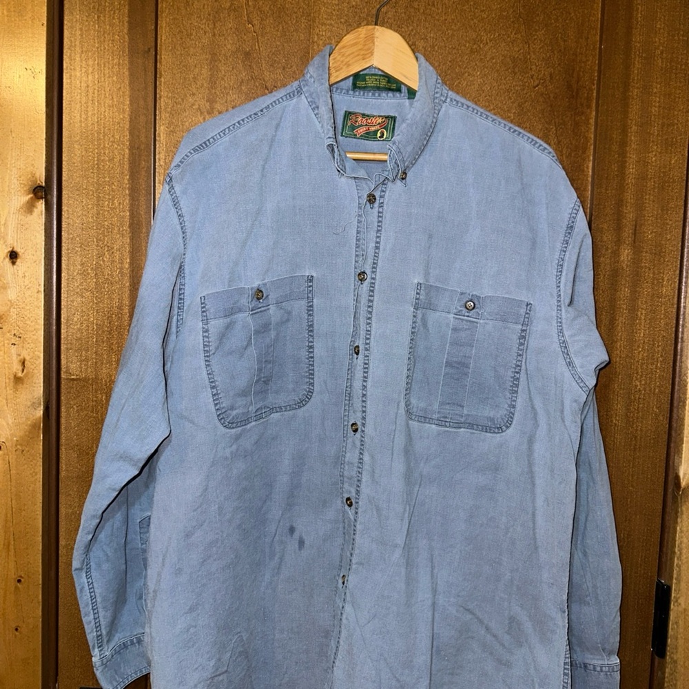 Rooster Shirt Mens 17 34/35 Blue Button‎ Down Plaid Cotton Vintage Western